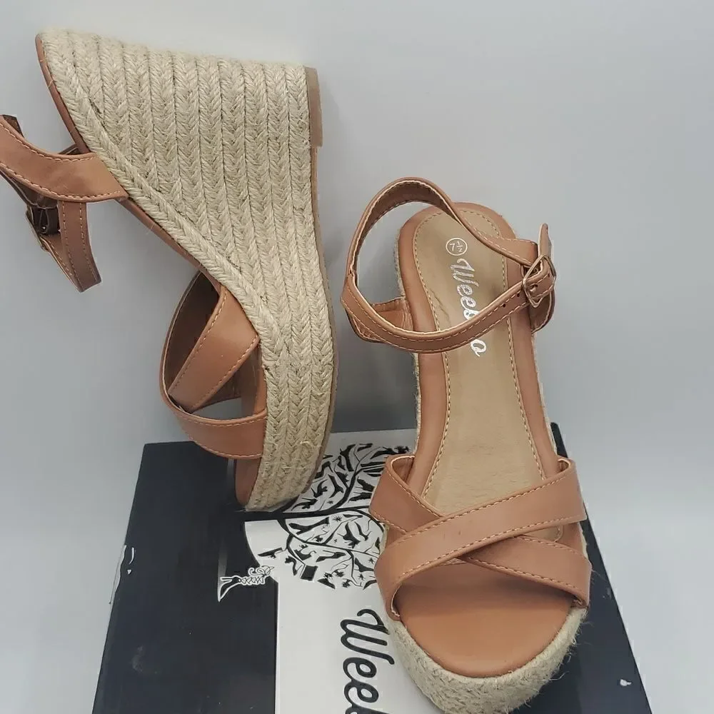 Weeboo Tan Mid High Heel Wedge Strappy Buckle Espadrille Sandals Size 7.5